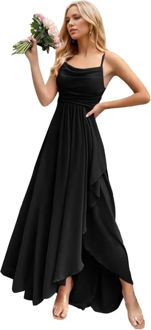 Fair Lady Women's Chiffon Bridesmaid Dresses for Wedding Long Spaghetti Straps Ruffle Formal Evening Party Gowns with Slit