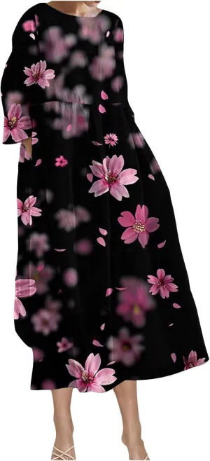 Fall Maxi Dresses for Women 2024 Boho Floral Maxi Dress Casual Ruffle Long Sleeve Crew Neck Beach Long Flowy Dresses Loose Fitting Dress Womens Dresses Blue M