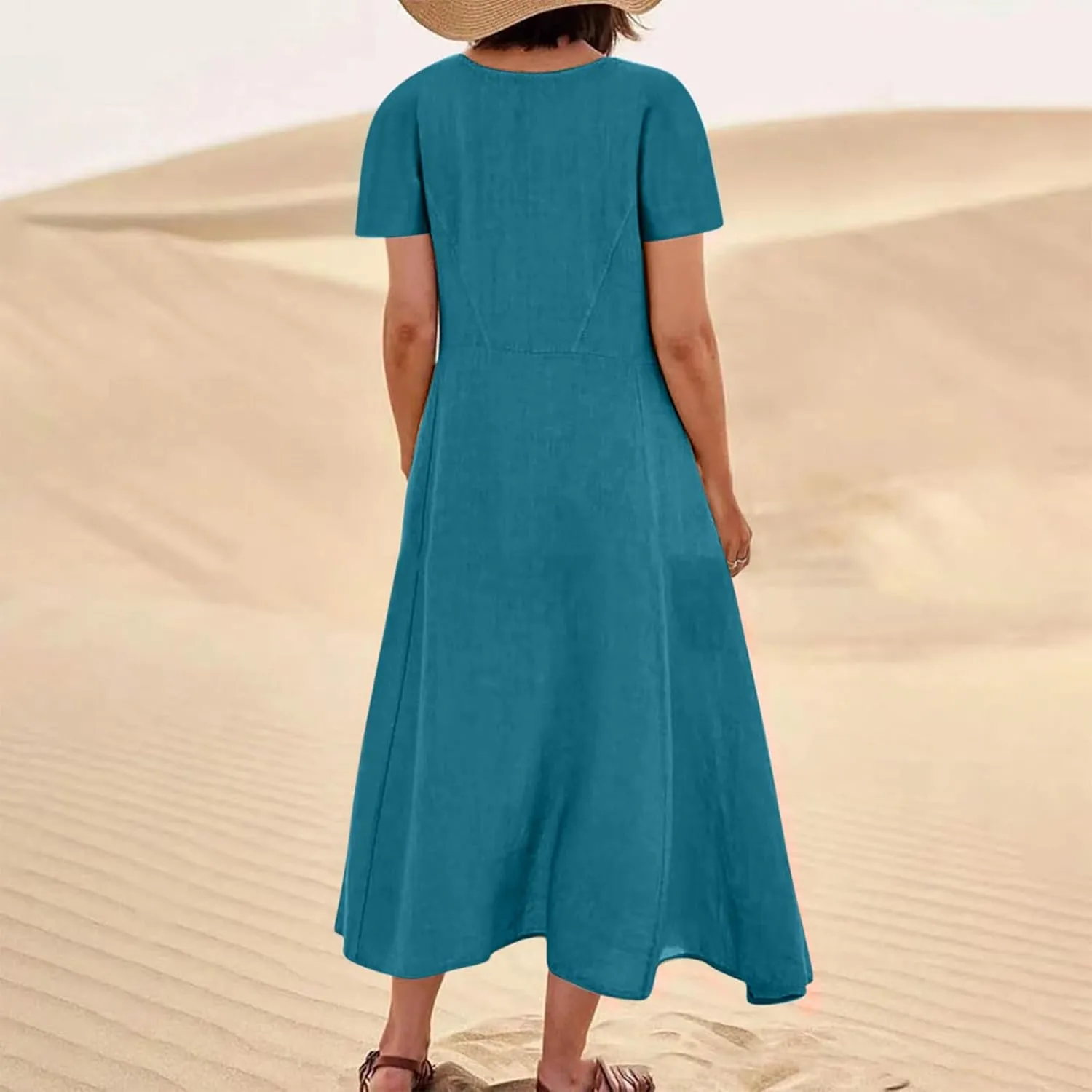 Finelylove Summer Dresses for Women 2025 Casual Flowy Midi Linen Dresses Short Sleeve Bohemian Beach Dress Gauze Sundress