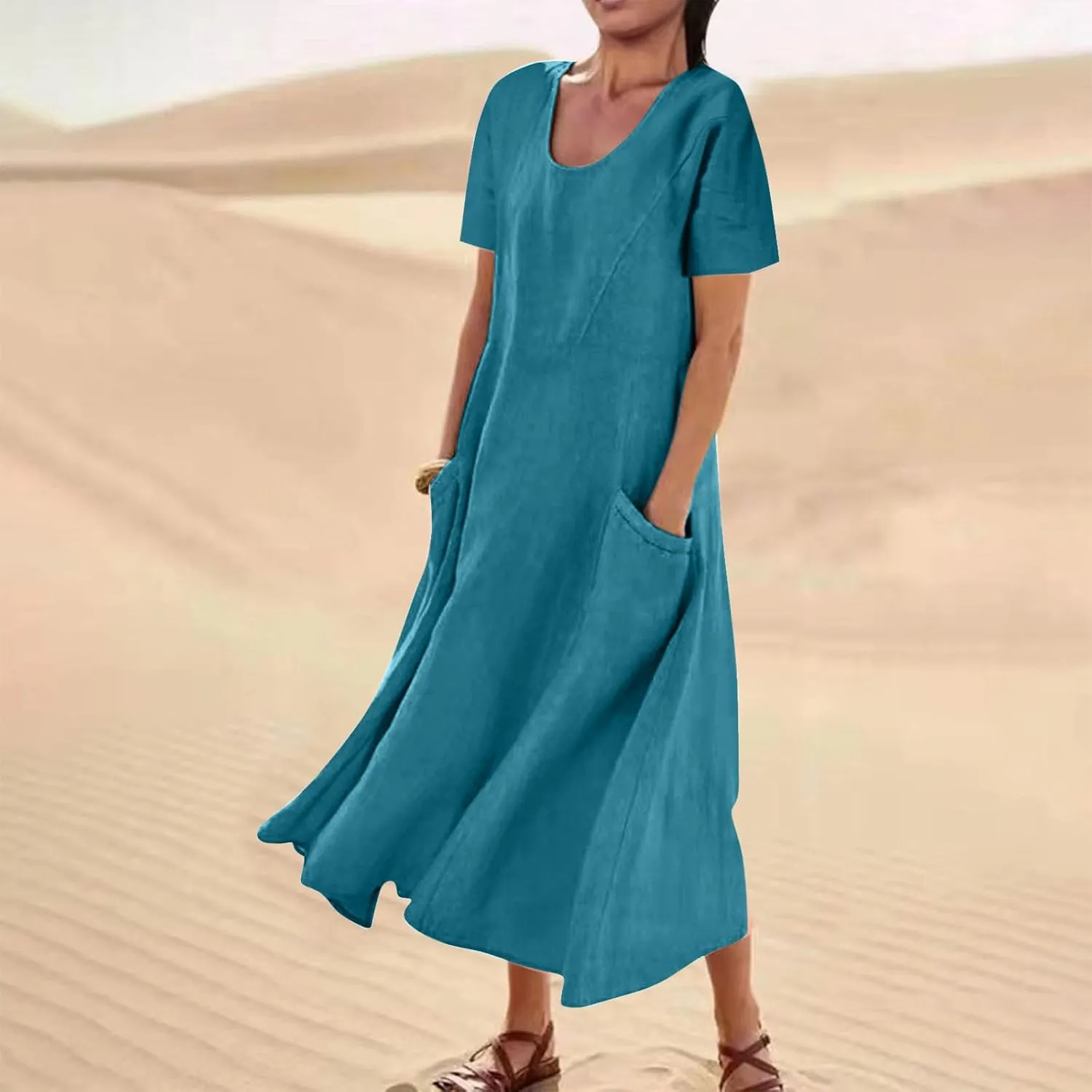 Finelylove Summer Dresses for Women 2025 Casual Flowy Midi Linen Dresses Short Sleeve Bohemian Beach Dress Gauze Sundress