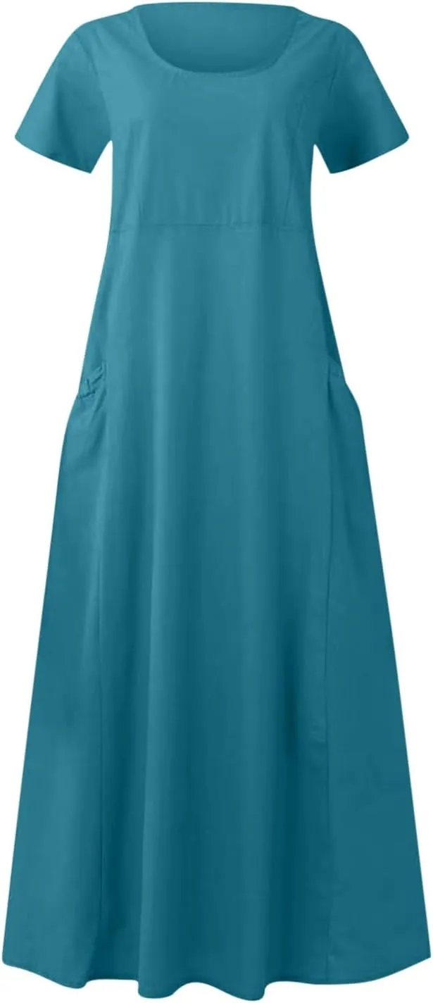 Finelylove Summer Dresses for Women 2025 Casual Flowy Midi Linen Dresses Short Sleeve Bohemian Beach Dress Gauze Sundress