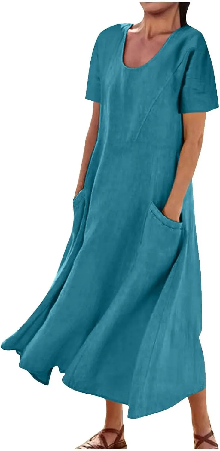 Finelylove Summer Dresses for Women 2025 Casual Flowy Midi Linen Dresses Short Sleeve Bohemian Beach Dress Gauze Sundress