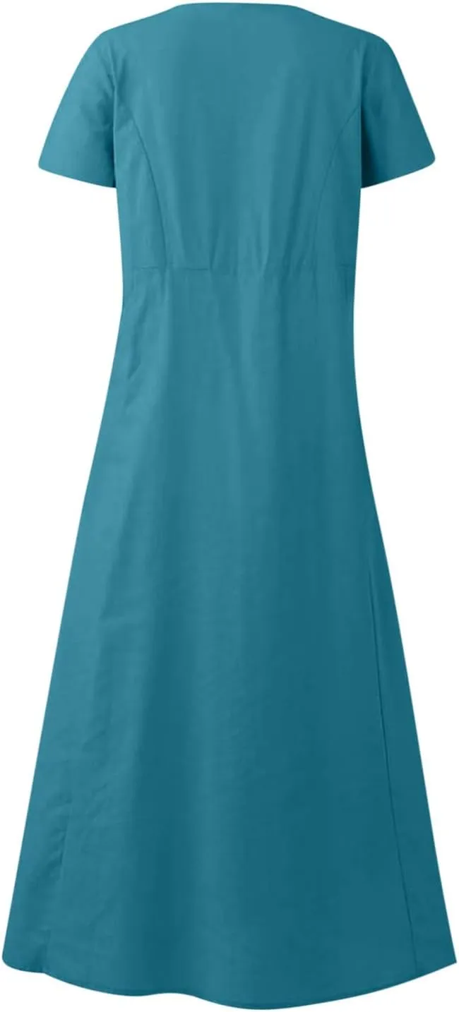 Finelylove Summer Dresses for Women 2025 Casual Flowy Midi Linen Dresses Short Sleeve Bohemian Beach Dress Gauze Sundress