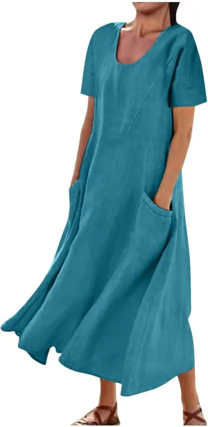 Finelylove Summer Dresses for Women 2025 Casual Flowy Midi Linen Dresses Short Sleeve Bohemian Beach Dress Gauze Sundress