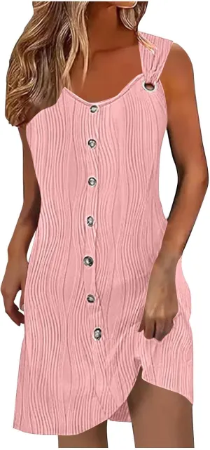 Finelylove Summer Spring Dresses for Women 2025 O Ring Shoulder Sleeveless Sundress Button A Line Mini Dress Beach Clothes