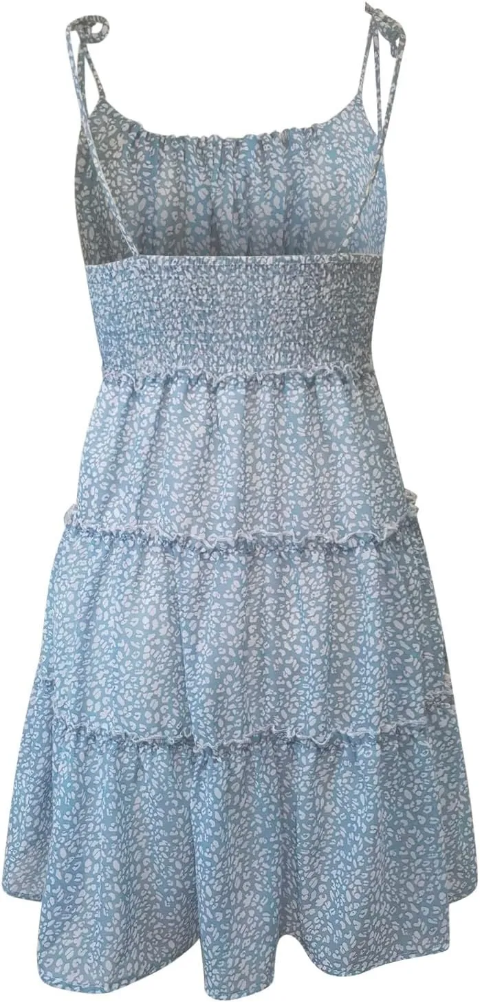 Floral Dress for Women Chiffon Short Mini Skater Dress Flowy Smocked Summer Sun Dresses Spaghetti Strap Tiered Dresses