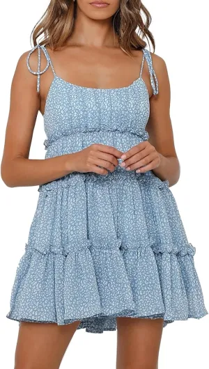Floral Dress for Women Chiffon Short Mini Skater Dress Flowy Smocked Summer Sun Dresses Spaghetti Strap Tiered Dresses