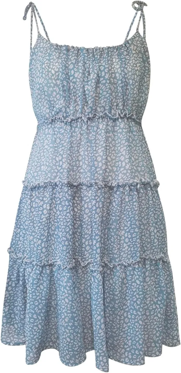 Floral Dress for Women Chiffon Short Mini Skater Dress Flowy Smocked Summer Sun Dresses Spaghetti Strap Tiered Dresses