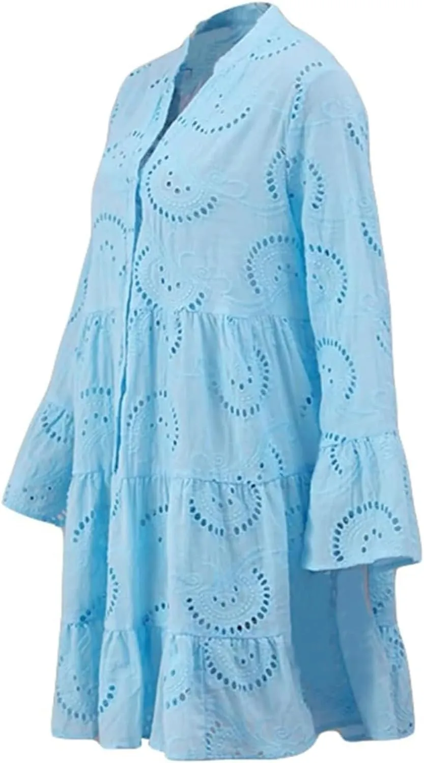 Floral Dress for Women Long Sleeve Summer Midi Dresses V Neck Boho Dresses Beach Vacation Flowy Sundress Lightweight