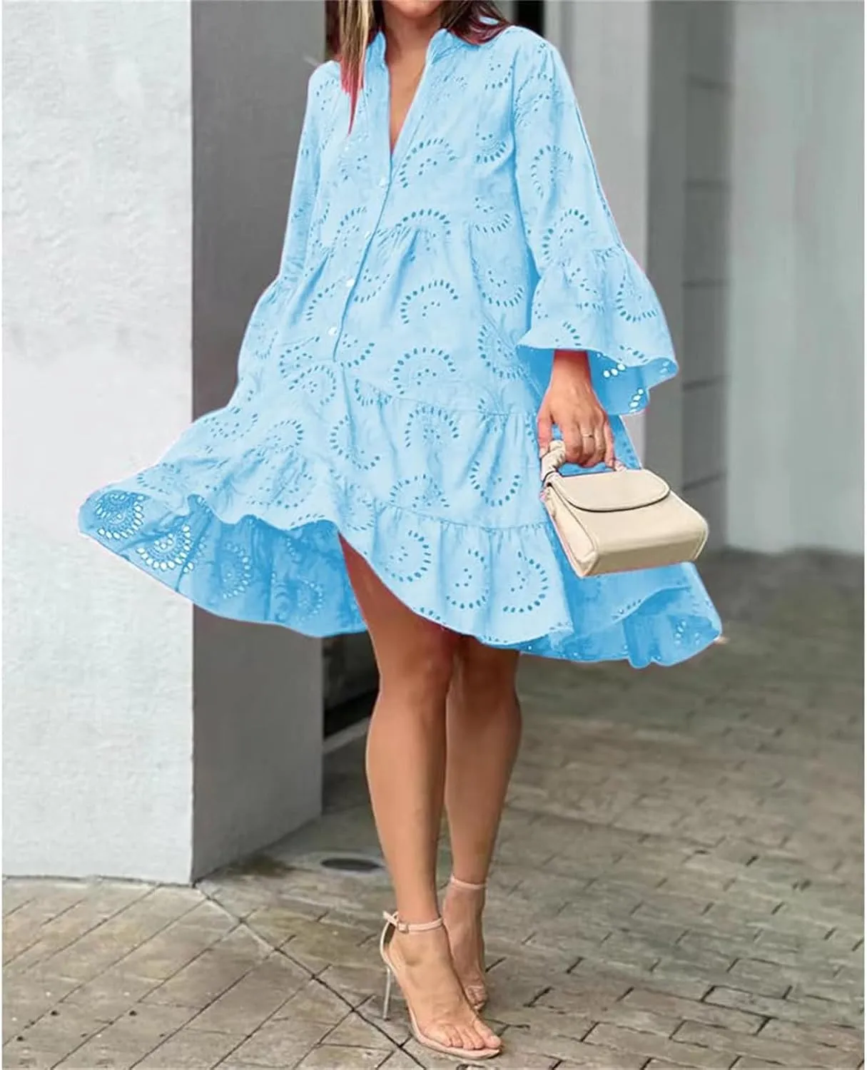 Floral Dress for Women Long Sleeve Summer Midi Dresses V Neck Boho Dresses Beach Vacation Flowy Sundress Lightweight