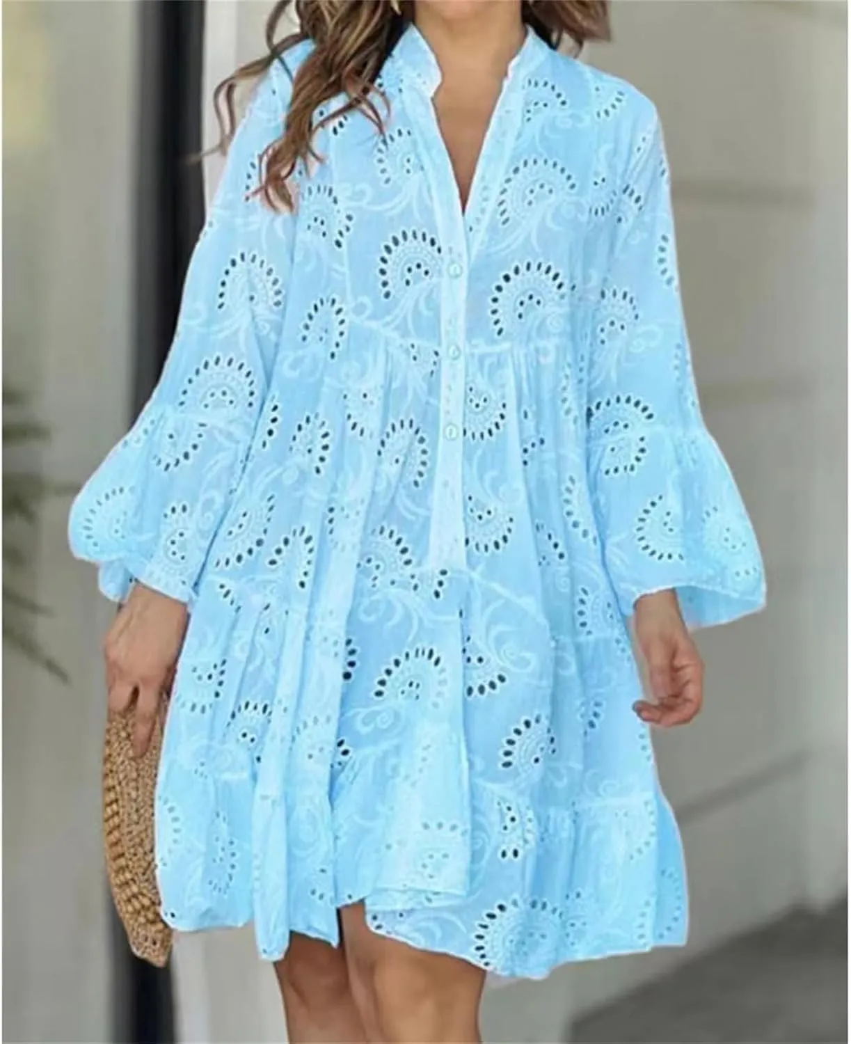 Floral Dress for Women Long Sleeve Summer Midi Dresses V Neck Boho Dresses Beach Vacation Flowy Sundress Lightweight