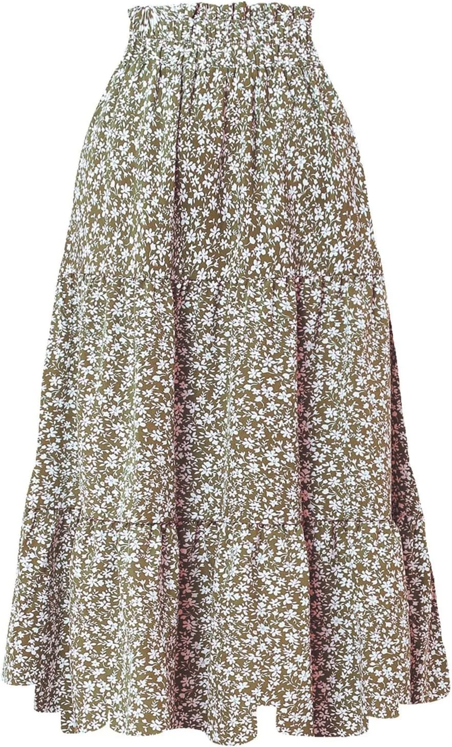 Floral Maxi Skirt for Women Summer Casual Tiered Elastic High Waisted Skirts Comfy Vacation Flowy Swing Long Skirts
