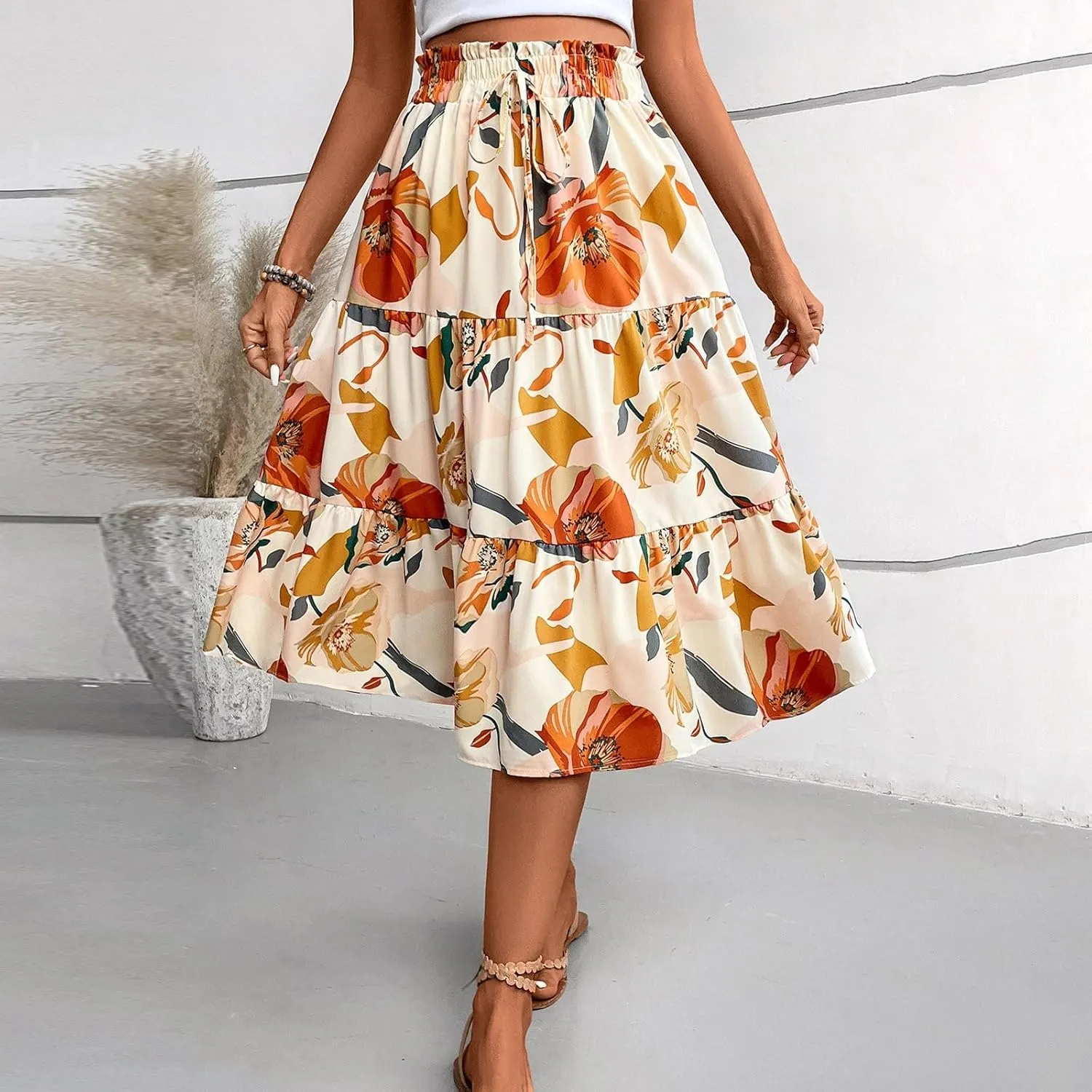 Floral Maxi Skirt for Women Summer Comfy Tiered Elastic High Waisted Midi Skirts A-Line Flowy Swing Long Skirts