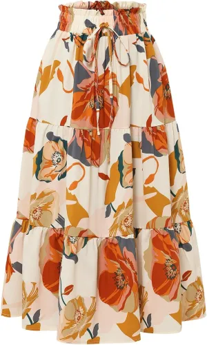 Floral Maxi Skirt for Women Summer Comfy Tiered Elastic High Waisted Midi Skirts A-Line Flowy Swing Long Skirts