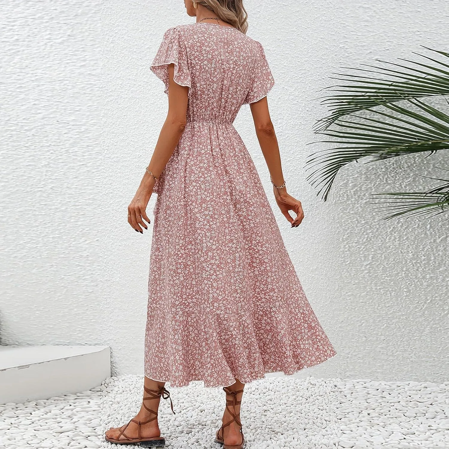 Floral Midi Dress for Women Flowy Vintage Casual A Line Wrap Dress Beach Vacation Trendy Boho V Neck Sundress