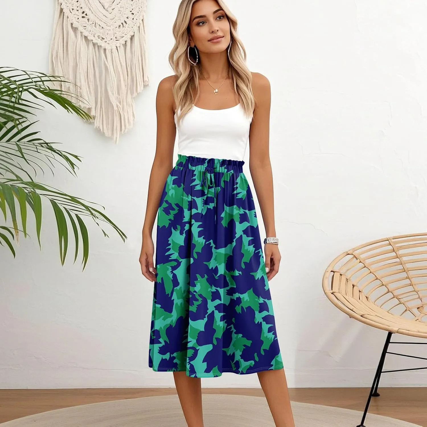 Floral Midi Skirts for Women Summer Drawstring Elastic Waist Knee Length Skirt A Line Ruffle Cute Travel Skirts
