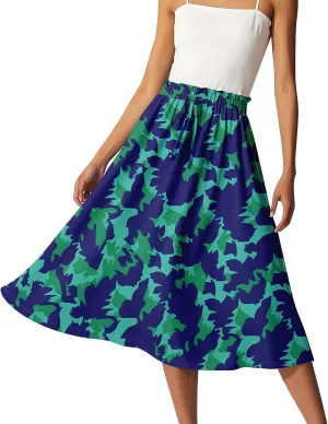 Floral Midi Skirts for Women Summer Drawstring Elastic Waist Knee Length Skirt A Line Ruffle Cute Travel Skirts
