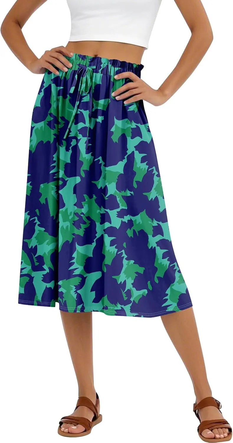 Floral Midi Skirts for Women Summer Drawstring Elastic Waist Knee Length Skirt A Line Ruffle Cute Travel Skirts