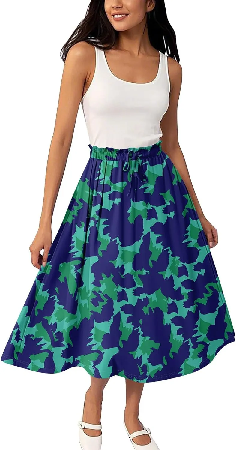 Floral Midi Skirts for Women Summer Drawstring Elastic Waist Knee Length Skirt A Line Ruffle Cute Travel Skirts