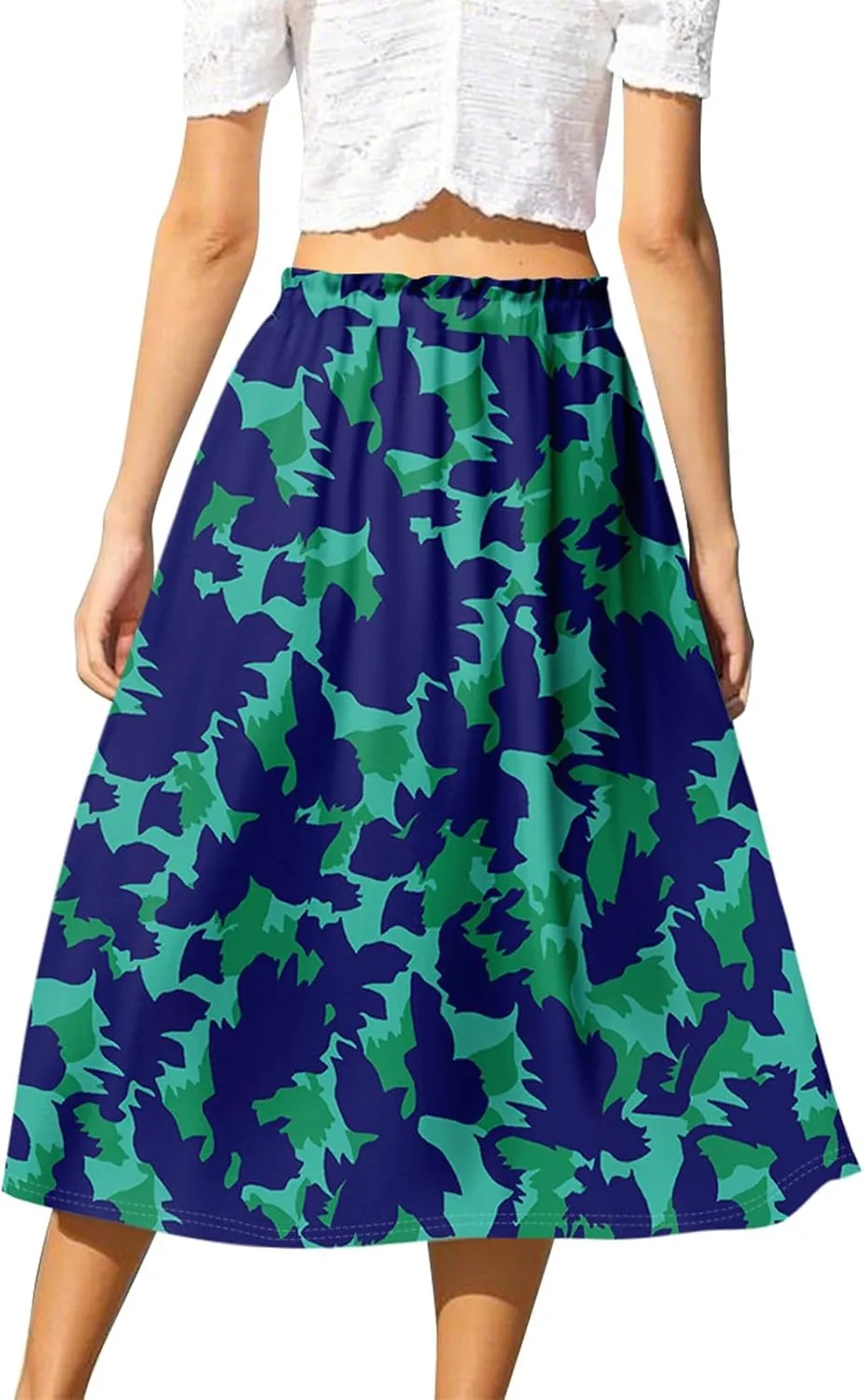 Floral Midi Skirts for Women Summer Drawstring Elastic Waist Knee Length Skirt A Line Ruffle Cute Travel Skirts
