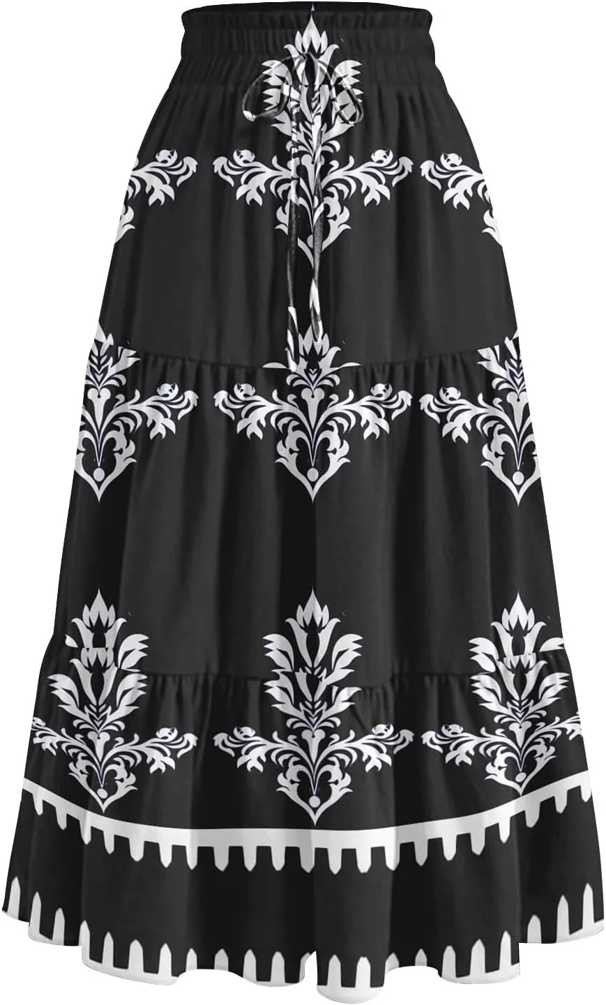 Floral Midi Skirts for Women Summer Tiered Drawstring High Waist Mid Calf Skirts Pleated A-Line Boho Skirt with Pocket