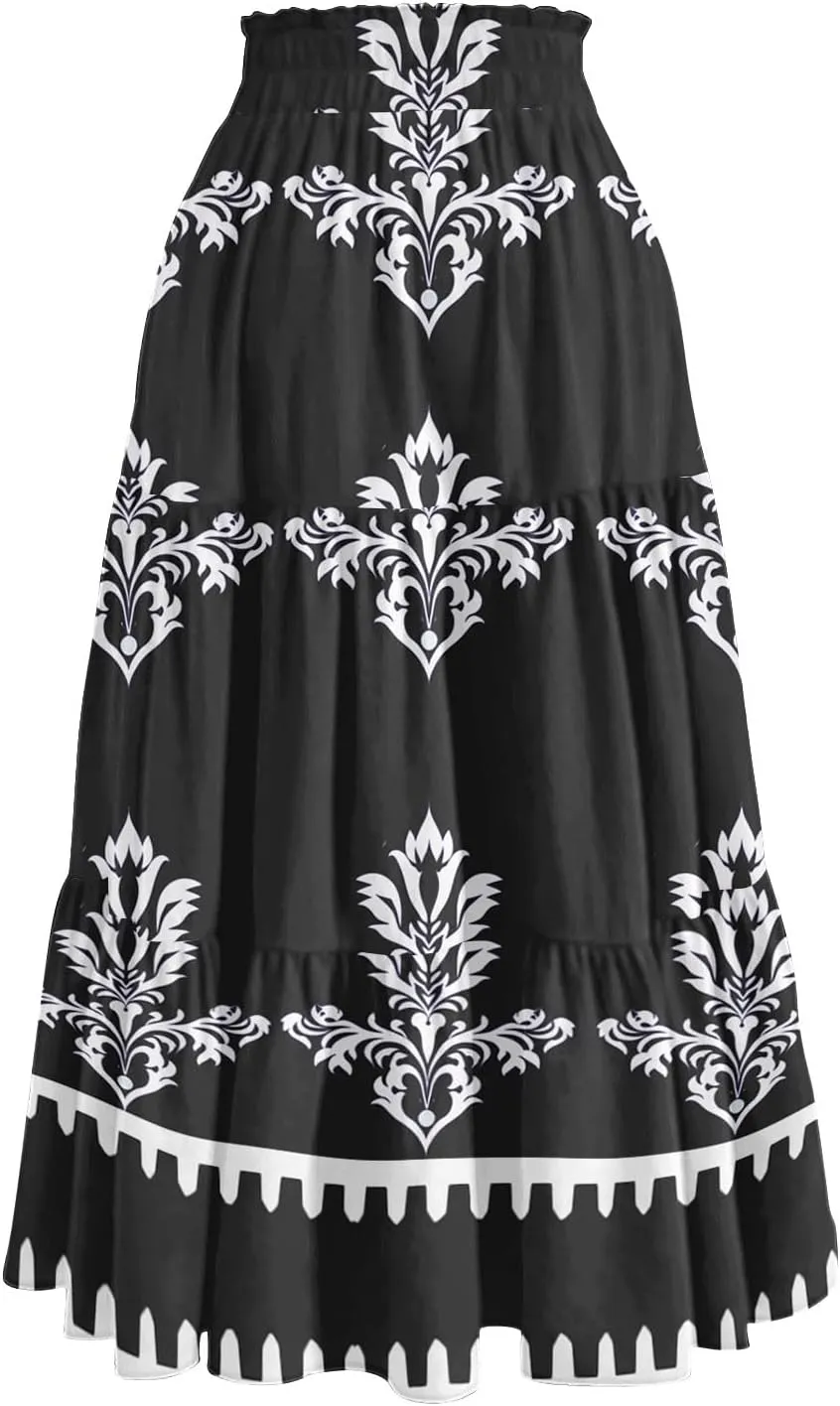 Floral Midi Skirts for Women Summer Tiered Drawstring High Waist Mid Calf Skirts Pleated A-Line Boho Skirt with Pocket