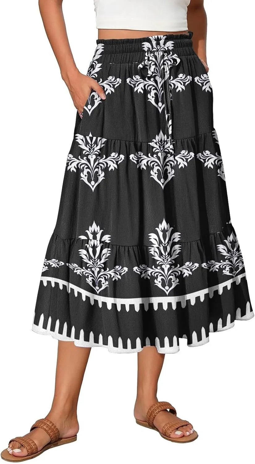 Floral Midi Skirts for Women Summer Tiered Drawstring High Waist Mid Calf Skirts Pleated A-Line Boho Skirt with Pocket