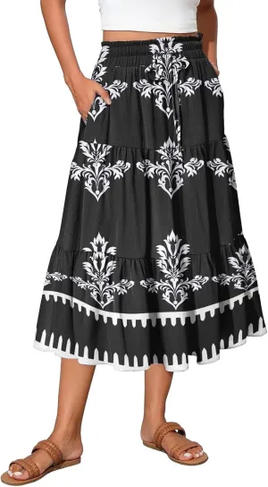Floral Midi Skirts for Women Summer Tiered Drawstring High Waist Mid Calf Skirts Pleated A-Line Boho Skirt with Pocket