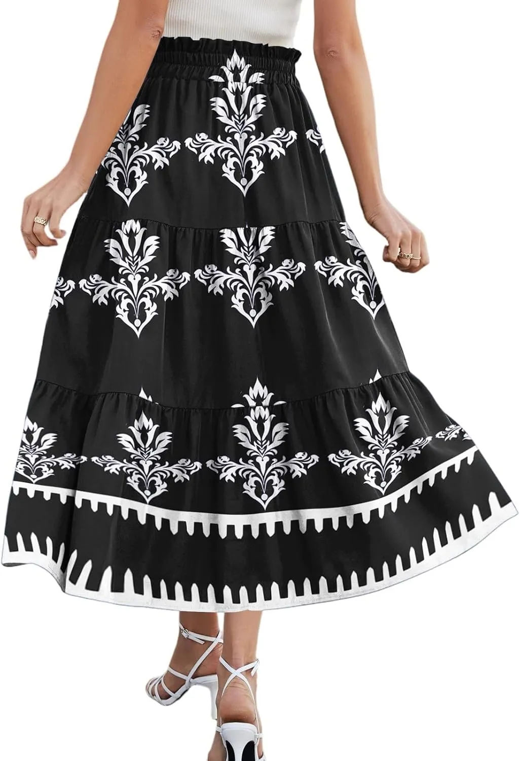 Floral Midi Skirts for Women Summer Tiered Drawstring High Waist Mid Calf Skirts Pleated A-Line Boho Skirt with Pocket