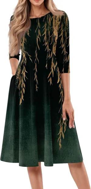 Floral Print Summer Dress for Women Plus Size Vintage 3/4 Sleeve Crewneck Flowy Pleated Midi Dresses Casual Sundress