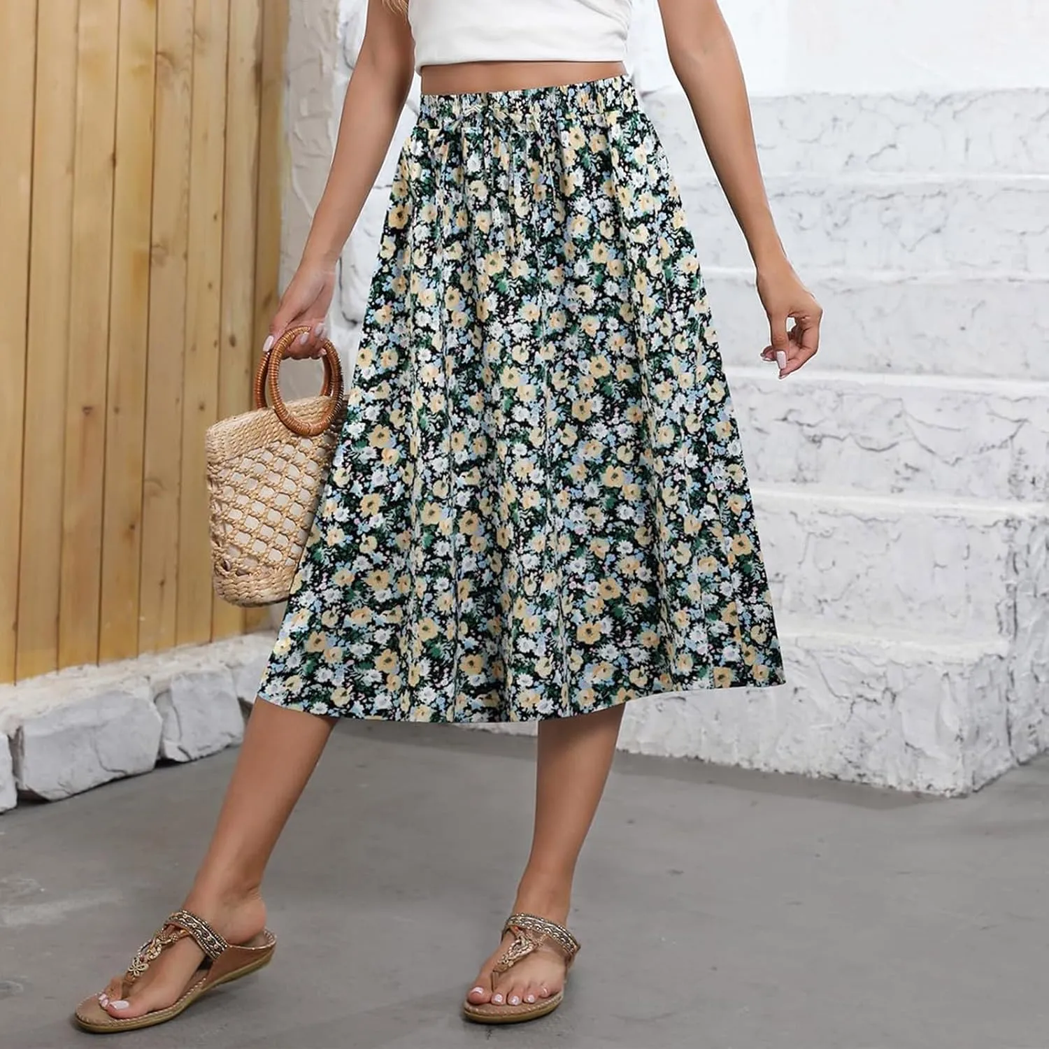 Floral Skirts for Women Midi Length Vintage Drawstring High Waisted A Line Skirt Flowy Boho Midi Skirt with Pockets