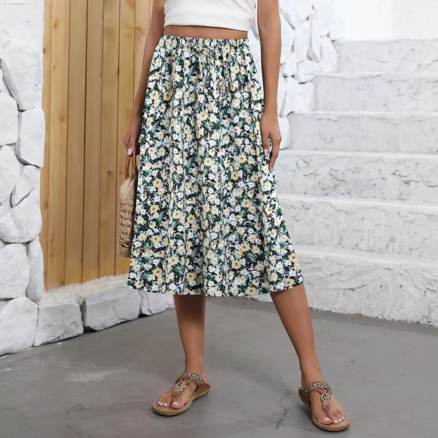 Floral Skirts for Women Midi Length Vintage Drawstring High Waisted A Line Skirt Flowy Boho Midi Skirt with Pockets