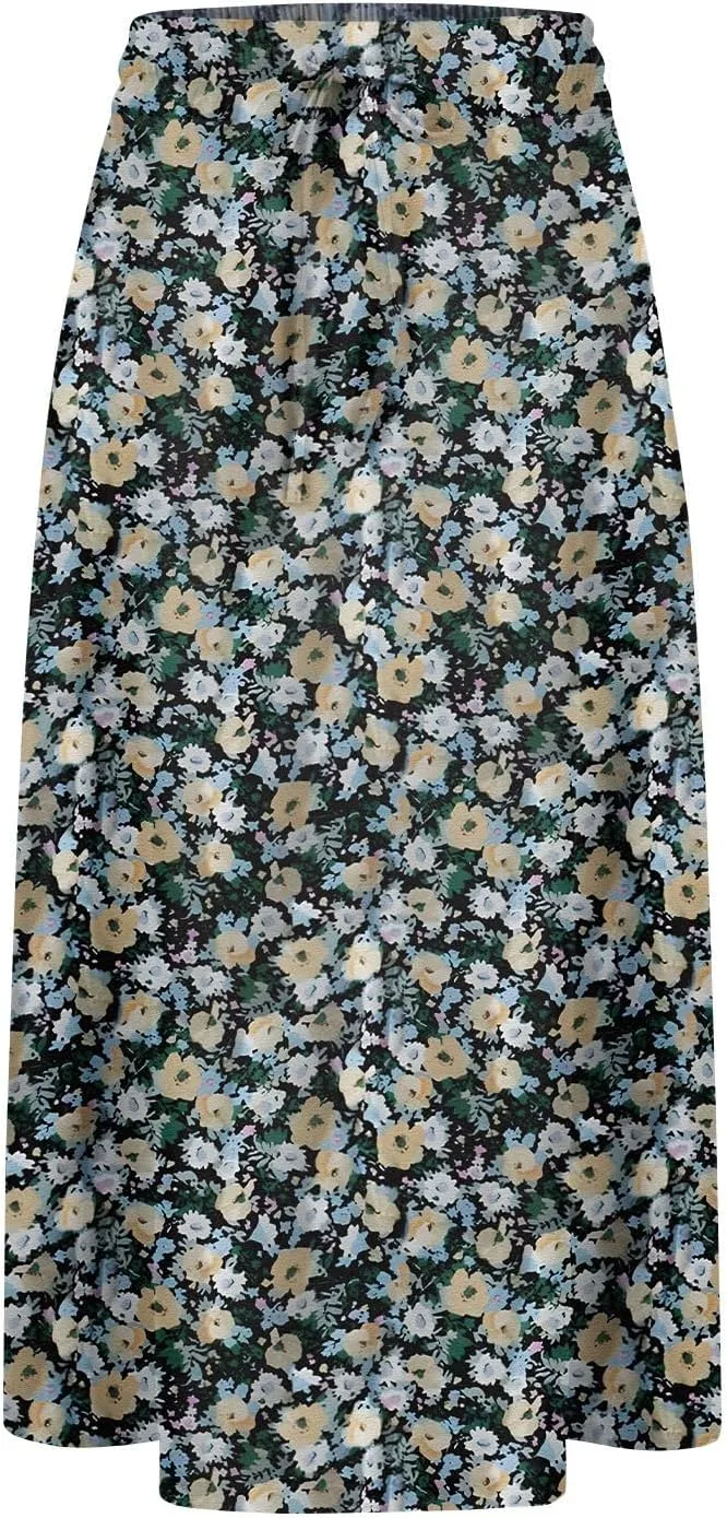 Floral Skirts for Women Midi Length Vintage Drawstring High Waisted A Line Skirt Flowy Boho Midi Skirt with Pockets