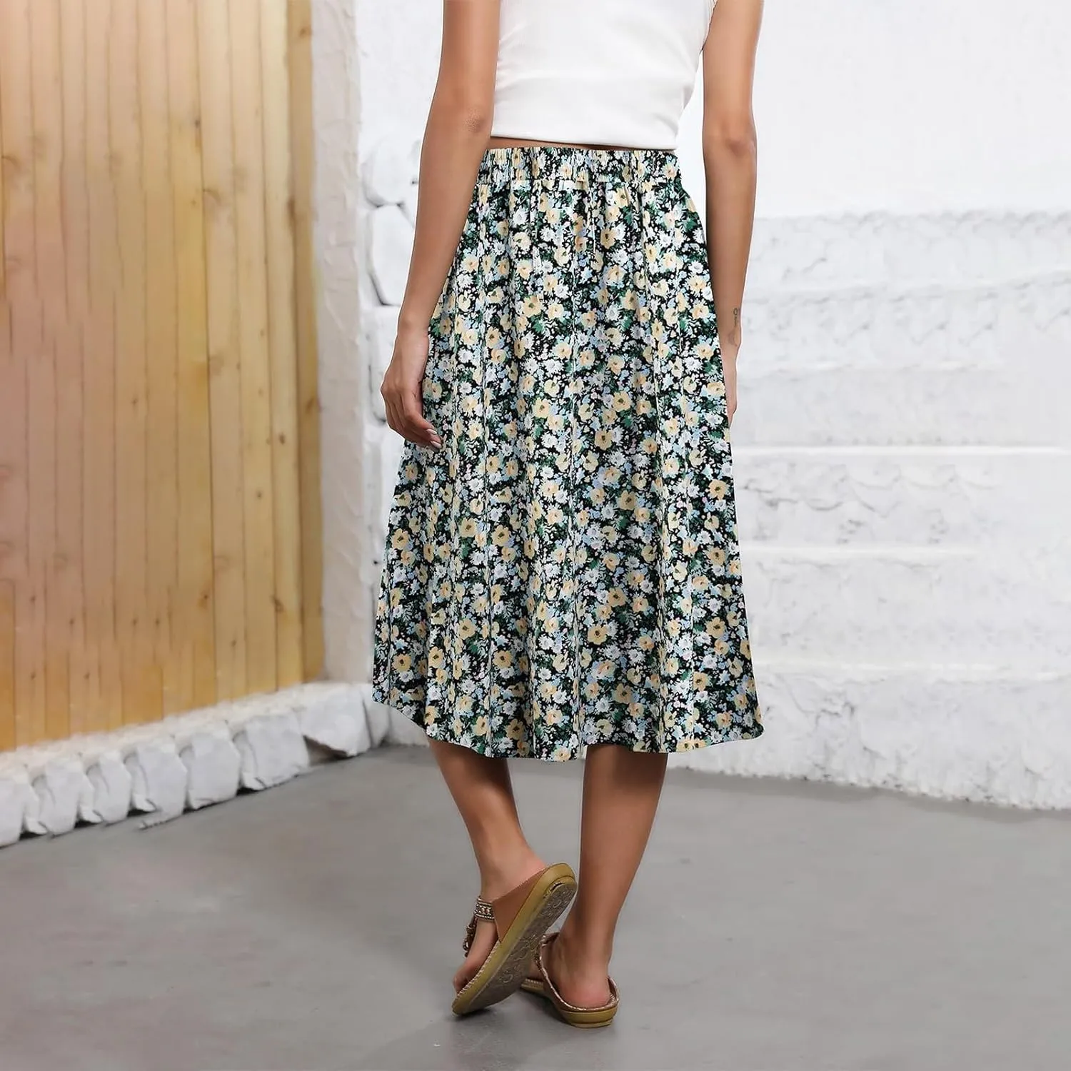 Floral Skirts for Women Midi Length Vintage Drawstring High Waisted A Line Skirt Flowy Boho Midi Skirt with Pockets