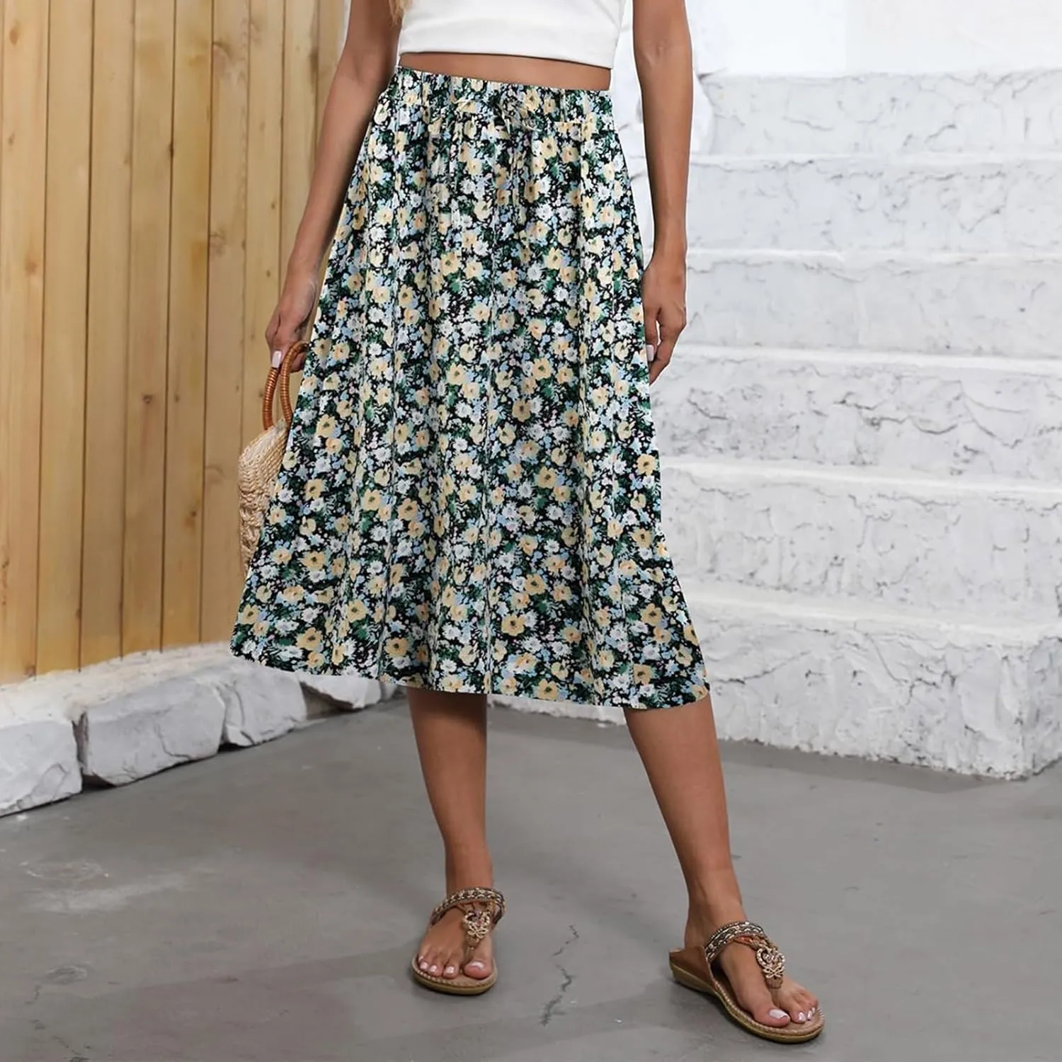 Floral Skirts for Women Midi Length Vintage Drawstring High Waisted A Line Skirt Flowy Boho Midi Skirt with Pockets