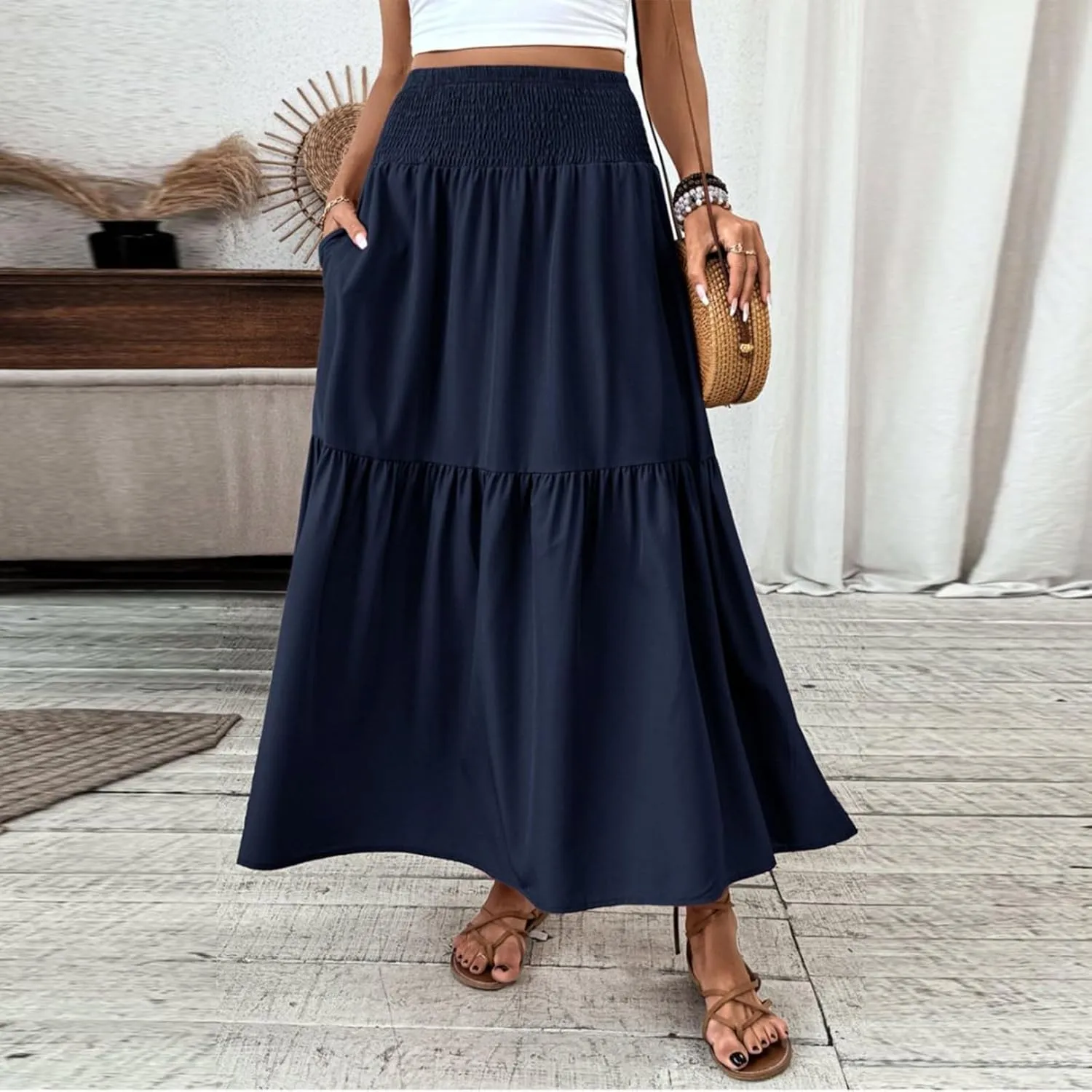 Floral Skirts for Women Summer Loose Casual Trendy Solid Elastic Waist Lightweight Boho Flowy Maxi Skirt, S-XL
