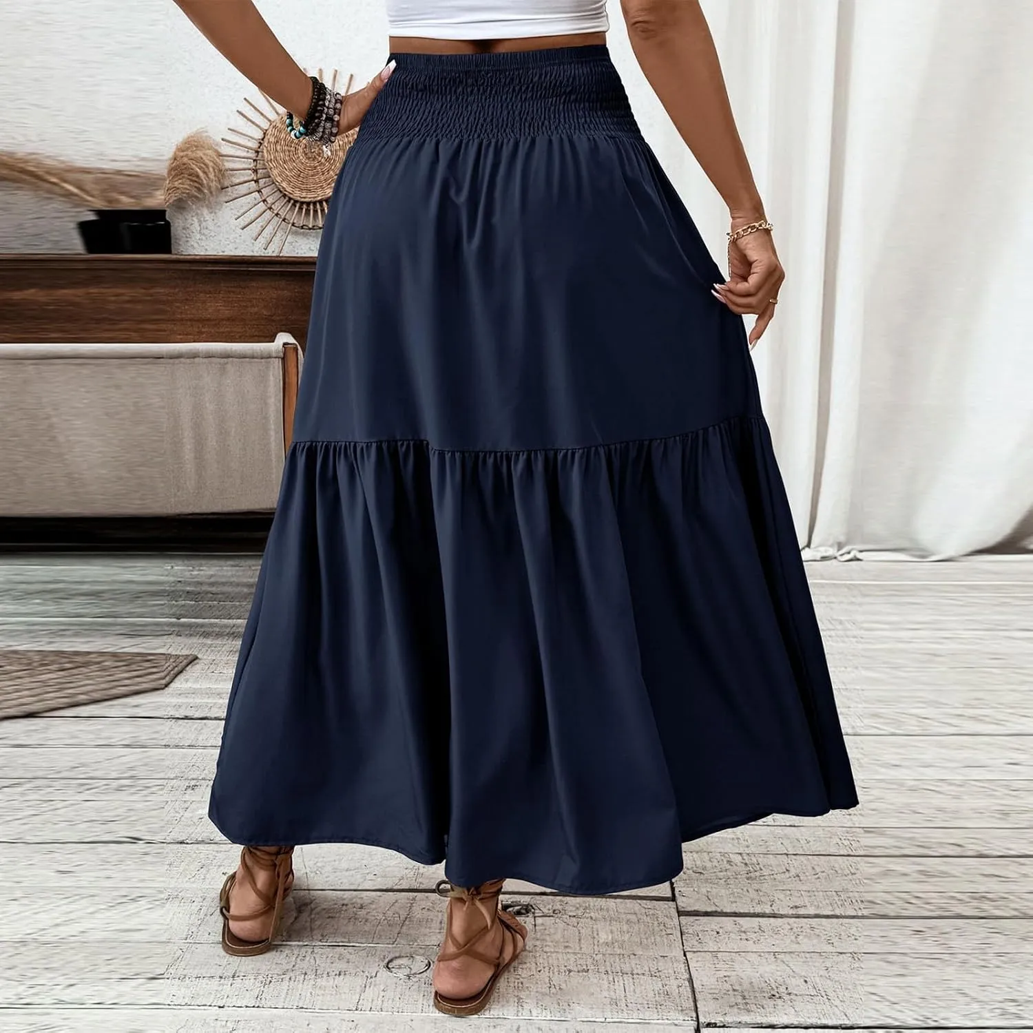 Floral Skirts for Women Summer Loose Casual Trendy Solid Elastic Waist Lightweight Boho Flowy Maxi Skirt, S-XL