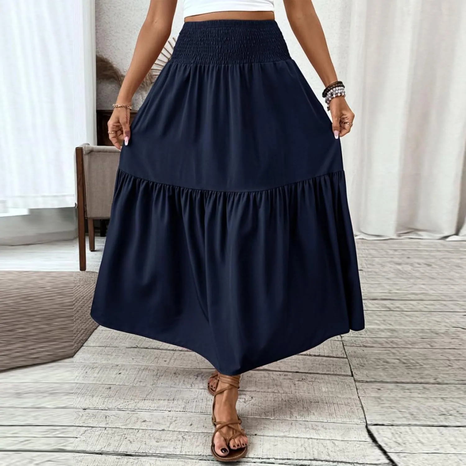 Floral Skirts for Women Summer Loose Casual Trendy Solid Elastic Waist Lightweight Boho Flowy Maxi Skirt, S-XL