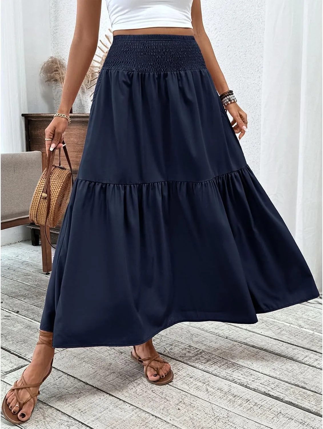 Floral Skirts for Women Summer Loose Casual Trendy Solid Elastic Waist Lightweight Boho Flowy Maxi Skirt, S-XL