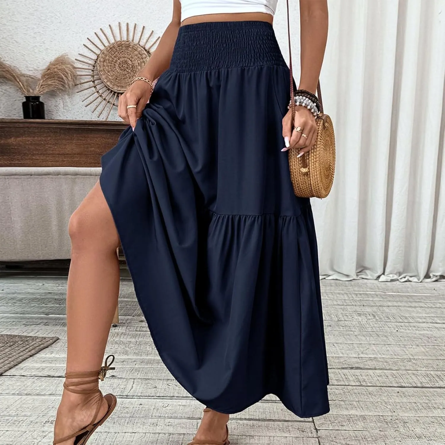 Floral Skirts for Women Summer Loose Casual Trendy Solid Elastic Waist Lightweight Boho Flowy Maxi Skirt, S-XL