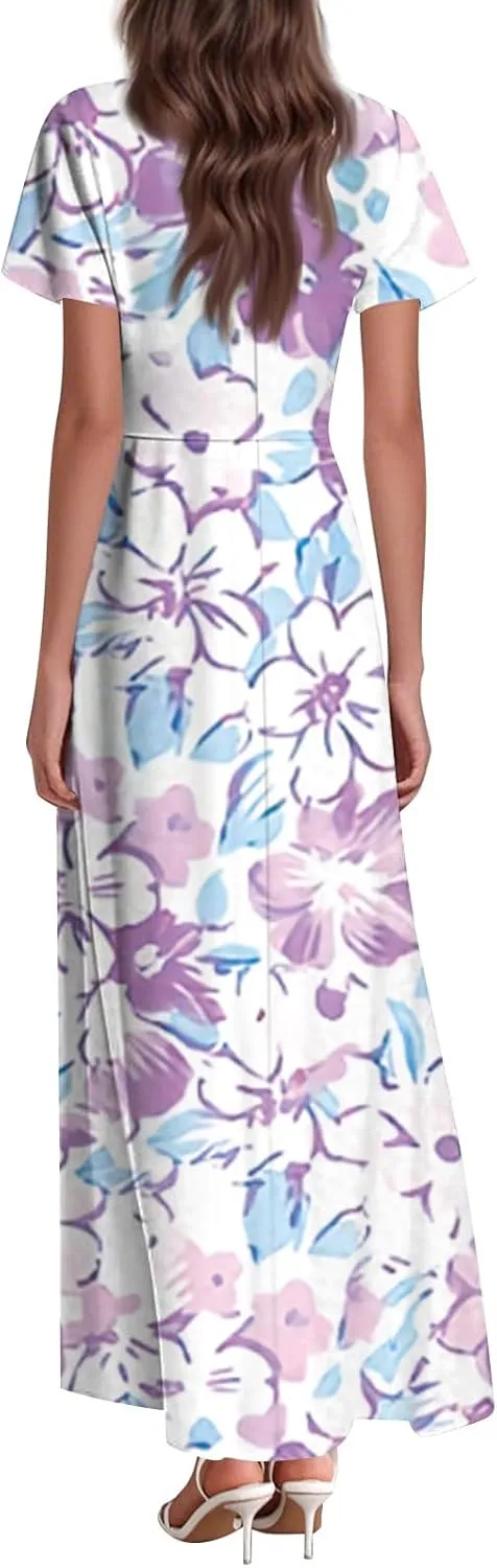 Floral Wedding Guest Dresses for Women Casual Boho V-Neck Ruffle Short Sleeve Aline Swing Long Dress,XS-2XL