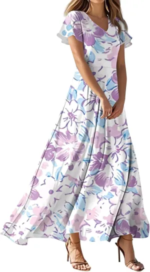 Floral Wedding Guest Dresses for Women Casual Boho V-Neck Ruffle Short Sleeve Aline Swing Long Dress,XS-2XL