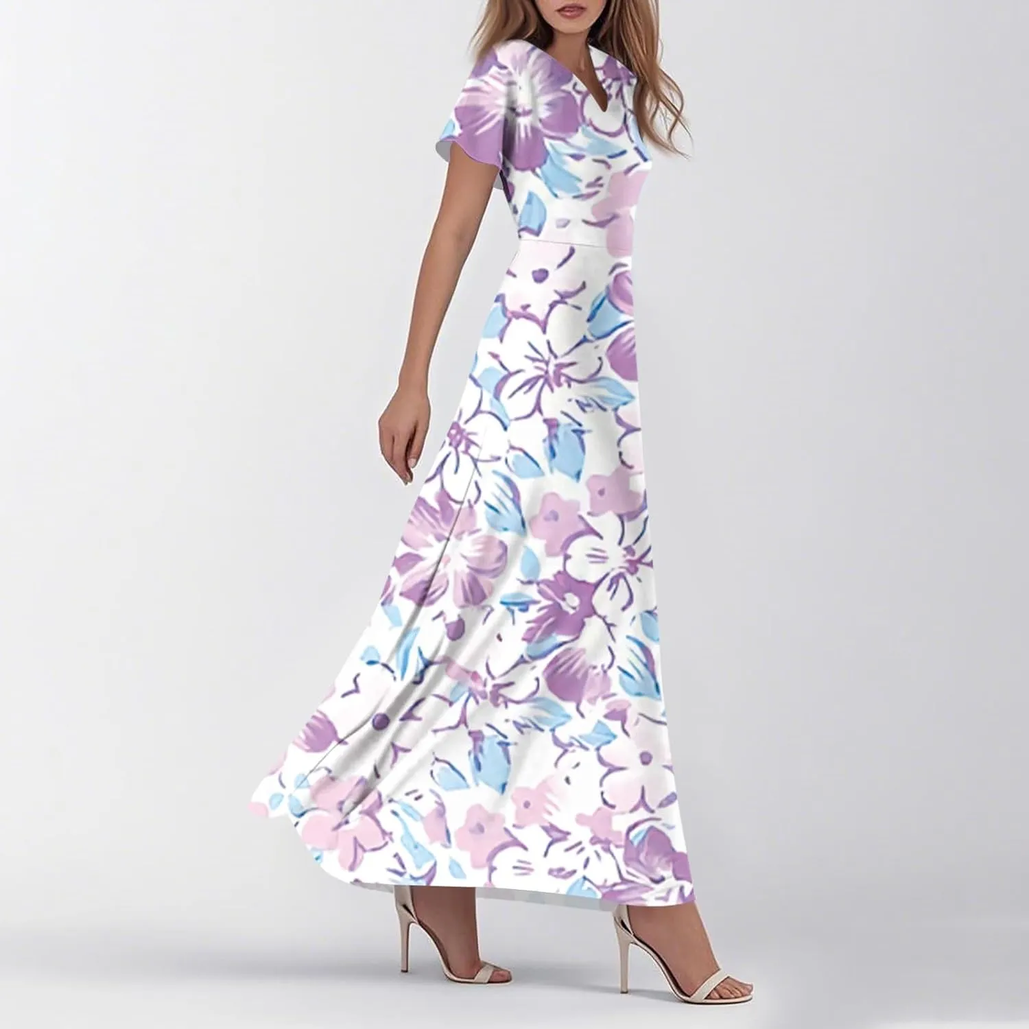 Floral Wedding Guest Dresses for Women Casual Boho V-Neck Ruffle Short Sleeve Aline Swing Long Dress,XS-2XL