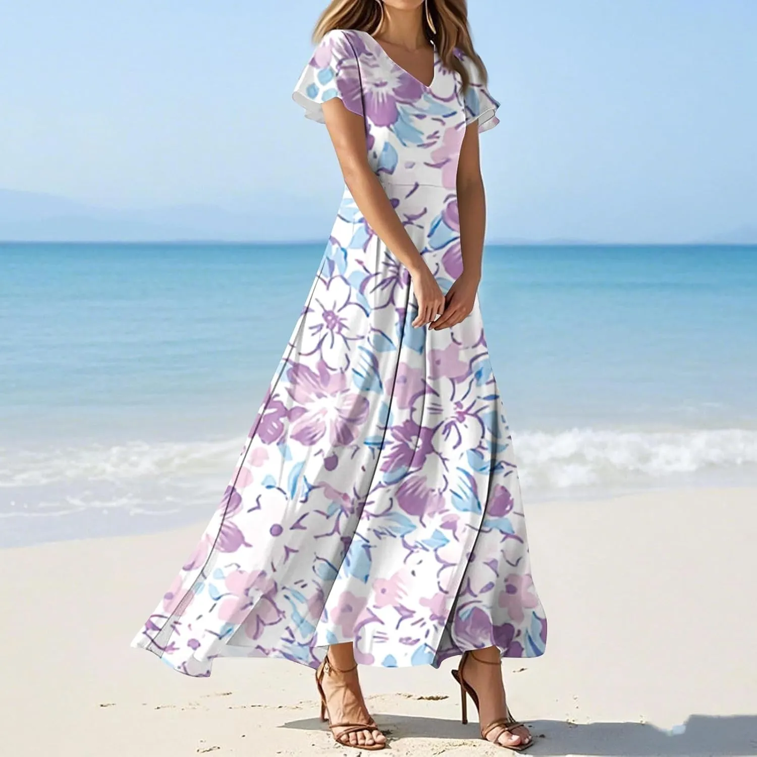 Floral Wedding Guest Dresses for Women Casual Boho V-Neck Ruffle Short Sleeve Aline Swing Long Dress,XS-2XL