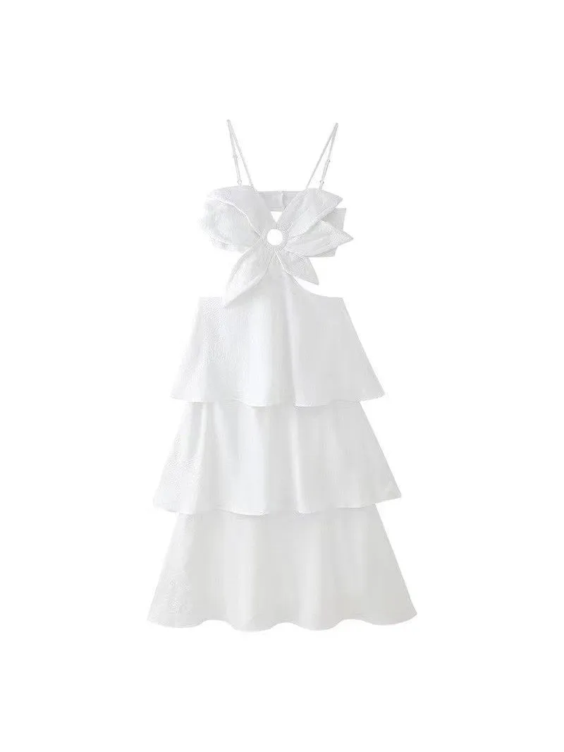 Flower Applique Cutout Backless Ruffle Dress
