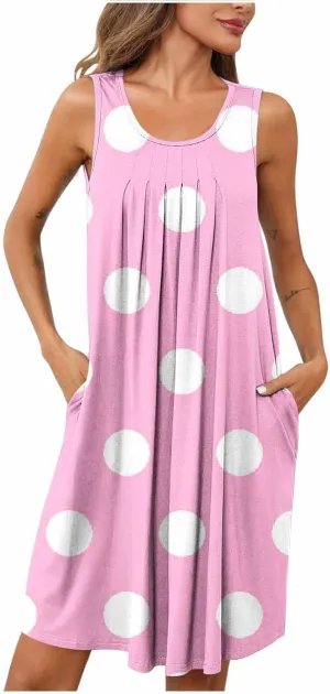 Flowy Dresses for Women Summer Casual Sleeveless Polka Dots Sundress Ruched Beach Vacation Tank Dress with Pockets