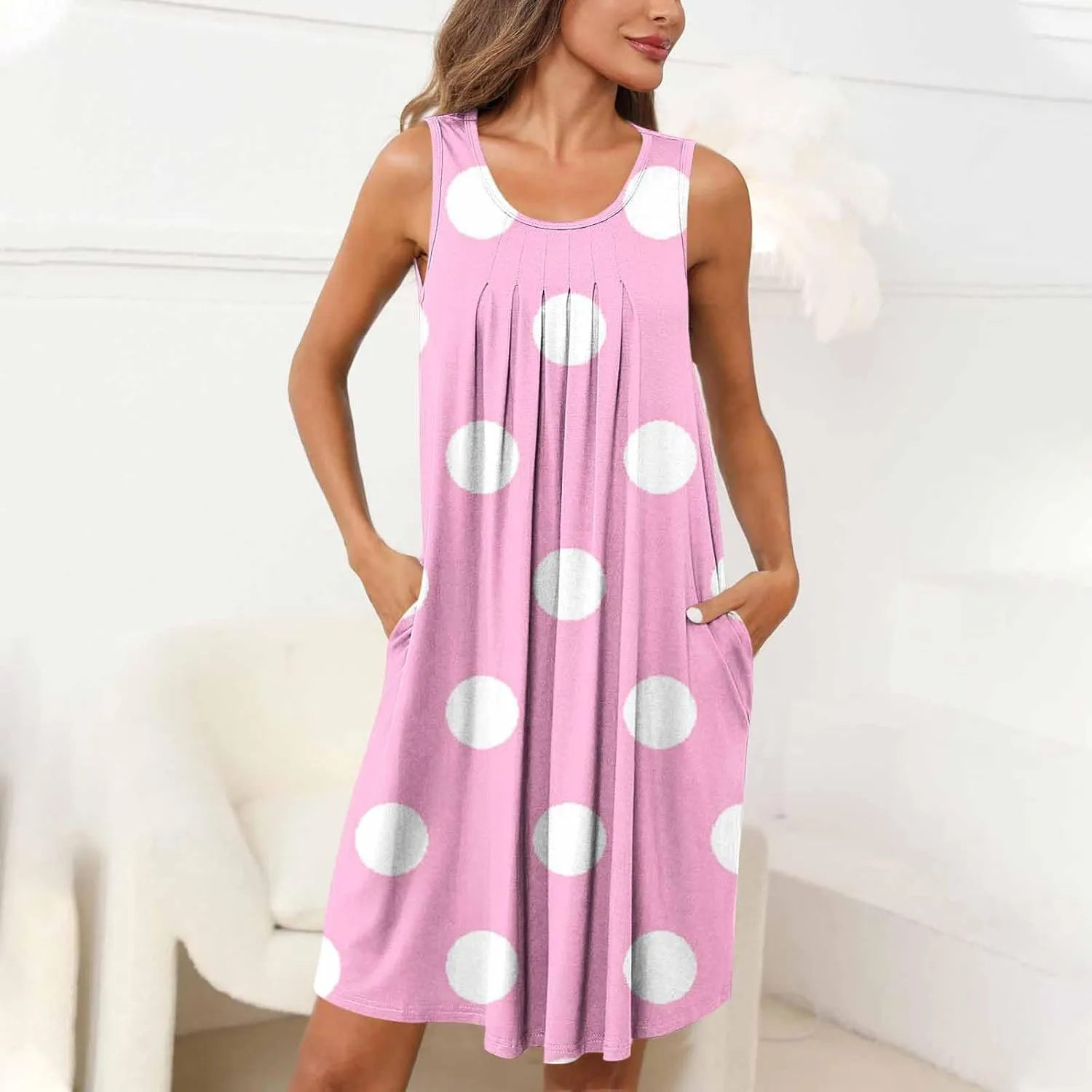 Flowy Dresses for Women Summer Casual Sleeveless Polka Dots Sundress Ruched Beach Vacation Tank Dress with Pockets