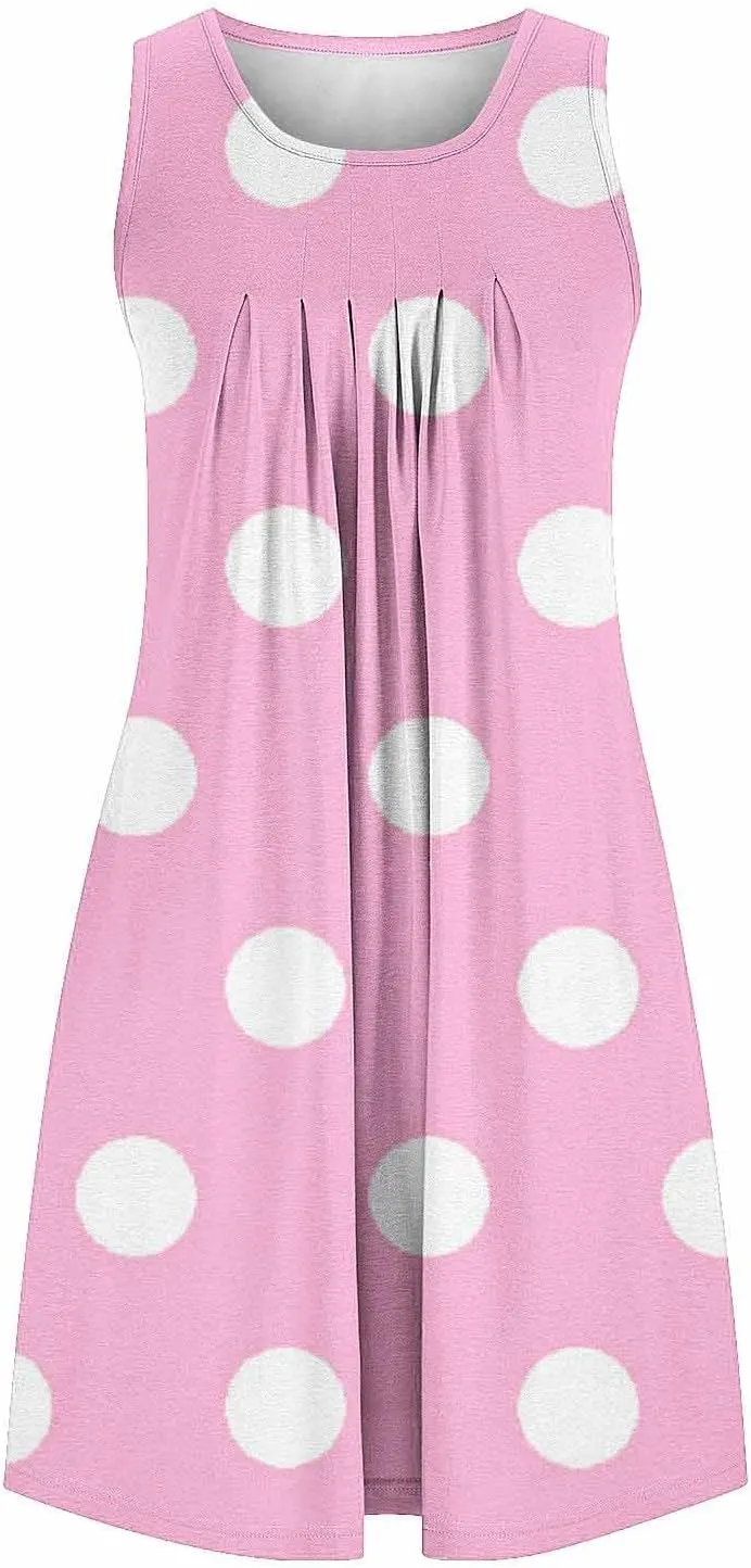 Flowy Dresses for Women Summer Casual Sleeveless Polka Dots Sundress Ruched Beach Vacation Tank Dress with Pockets