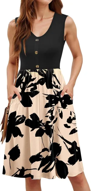 FQZWONG Summer Dresses for Women 2025 Casual Sleeveless V Neck Midi Sundresses Elegant Vacation Beach Dress with Pockets