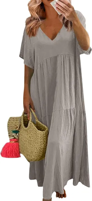 FQZWONG Womens Summer Dresses 2025 Plus Size Short Sleeve/Sleeveless V Neck Boho Maxi Dress Casual Beach Long Sundresses